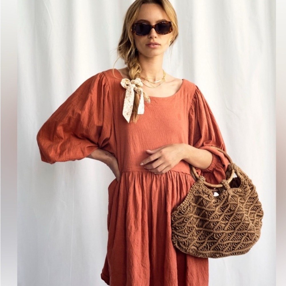 Free People Terracotta Balloon Sleeve Mini Dress